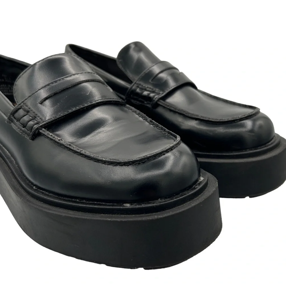 H&M Black Faux Leather Chunky Platform Preppy Slip On Penny Loafers (6)